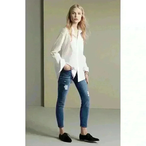 Current/Elliott Denim - Current/Elliott The Stiletto 80s Distressed Mid Rise Jeans Womens 28 Medium Wash